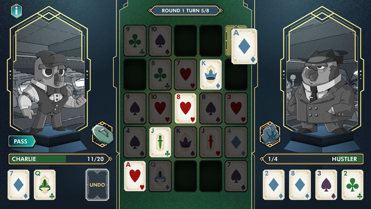A 5-by-5 card grid between two illustrated fighters, with a round and turn counter at the top