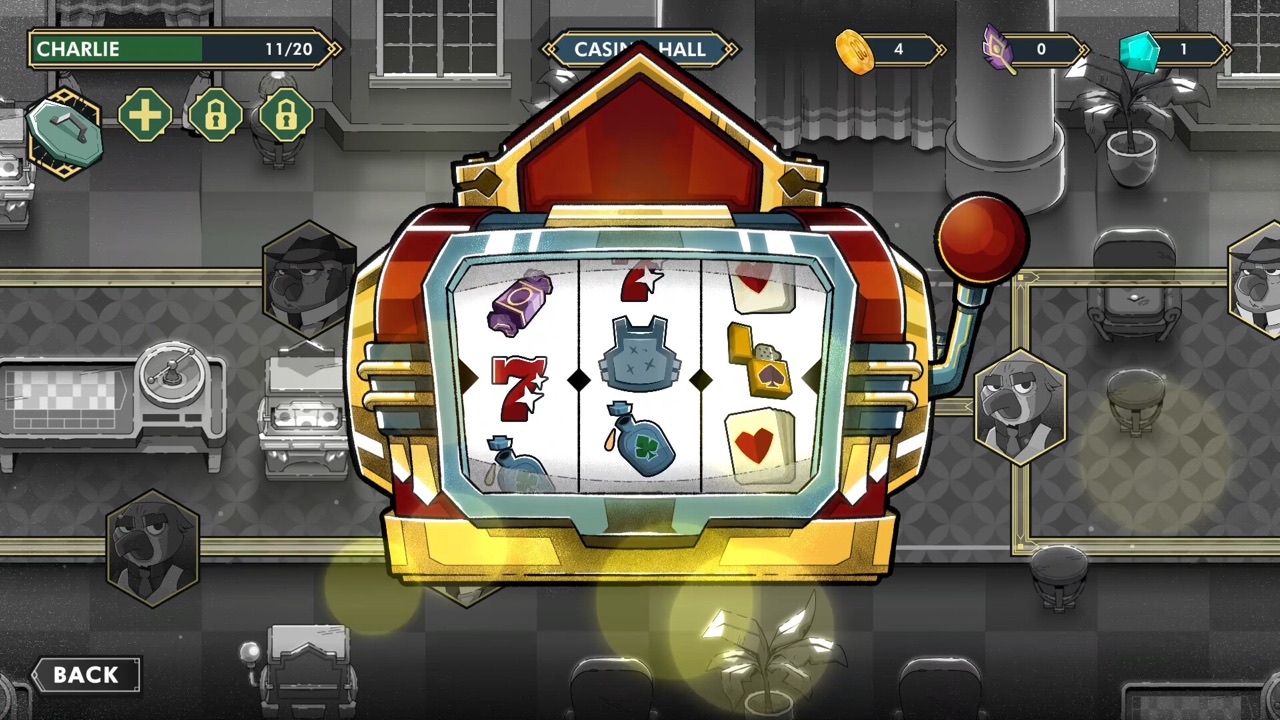 A slot machine filling the screen inside an illustrated casino hall