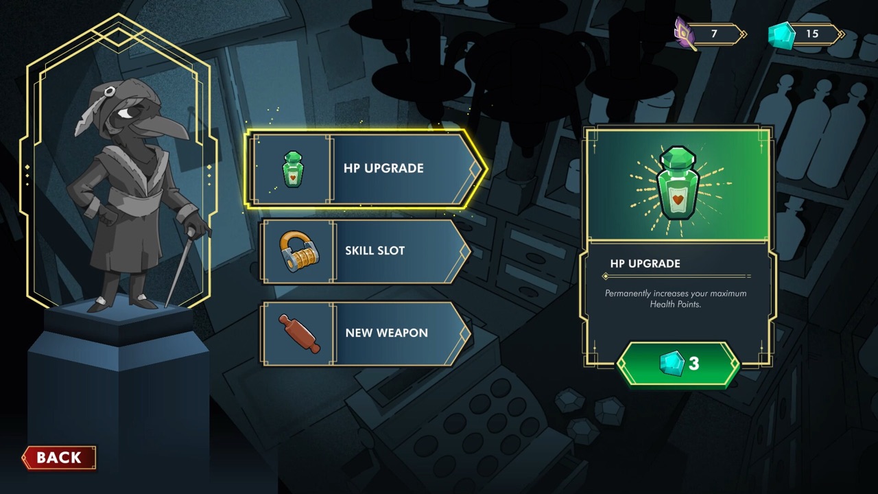 A vendor character beside a menu listing HP Upgrade, Skill Slot and New Weapon