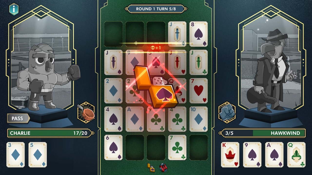 A card grid with a highlighted line of cards glowing orange during a battle
