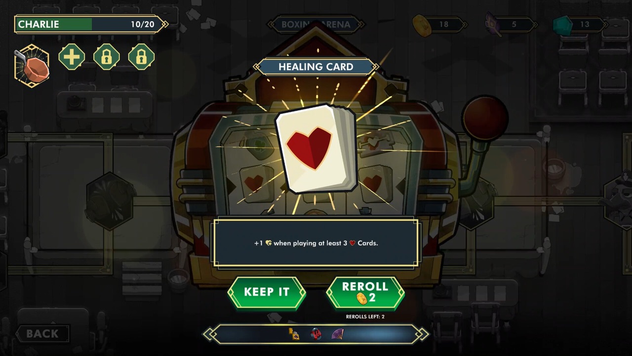 A slot machine showing a Healing Card offer with Keep It and Reroll buttons
