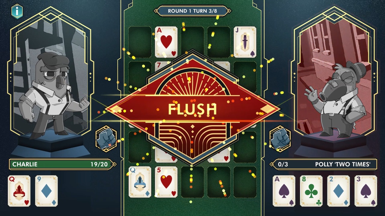 A large “Flush” banner across the card grid in the middle of a fight