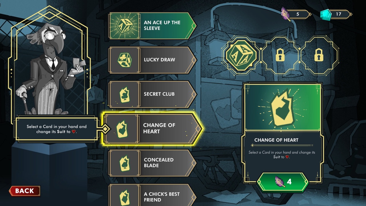 A menu of named card abilities, with “Change of Heart” selected