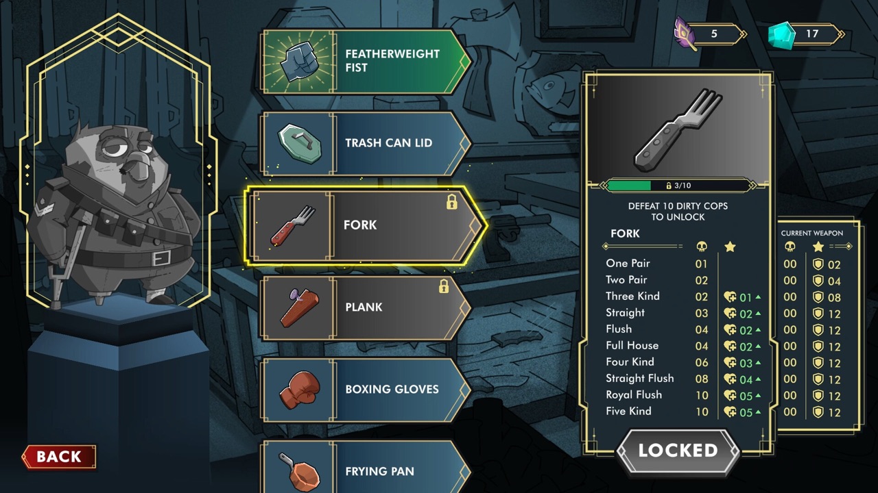 A weapon selection list with a locked fork shown next to a hand-ranking table