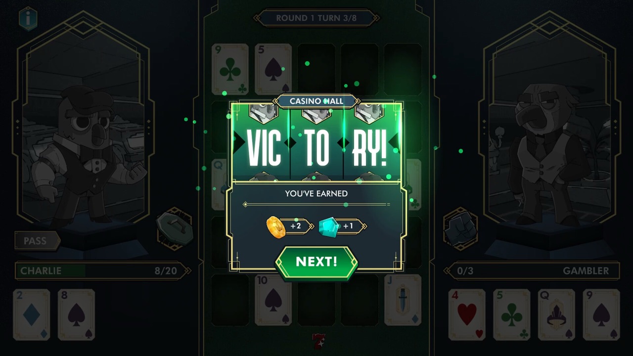 A green “Victory” screen over the card grid after a battle